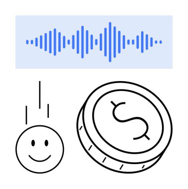 Ses dalgası, gülen yüz ve para ses, mutluluk ve para birimini temsil eder. Finans, iletişim, pazarlama iş podcast müşteri hizmetleri e-öğrenimi için idealdir. Satır metaforu