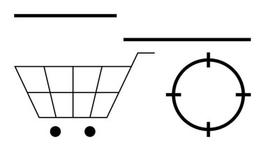 Alışveriş arabası ve hedef sembol geometrik çizgilerle hizalanmış. Odaklanma ve doğruluğu gösteriyor. E-ticaret, pazarlama, perakende analizi, tüketici hedefleme, çevrimiçi alışveriş, iş stratejileri için ideal