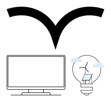 Boş ekranlı monitör, rüzgar türbini ve güneş paneli içeren ampul, yukarıda çift kavis. Sürdürülebilirlik, yenilenebilir enerji, teknoloji, yenilik, yeşil yaşam, sunumlar için ideal