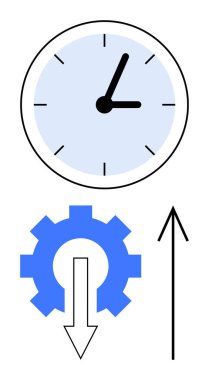 Siyah saat ve dakika elli saat, beyaz oklu mavi dişli ve yukarı doğru siyah ok. Zaman yönetimi, üretkenlik, iş akışı, süreç optimizasyonu, ilerleme izleme, verimlilik için ideal