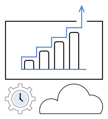 Yükselen çubuklar, ok, bulut grafiği ve dişli saati olan iş geliştirme çubuğu çizelgesi. Ticari başarı, performans analizi, zaman yönetimi, bulut hesaplaması, üretkenlik ve verimlilik için ideal