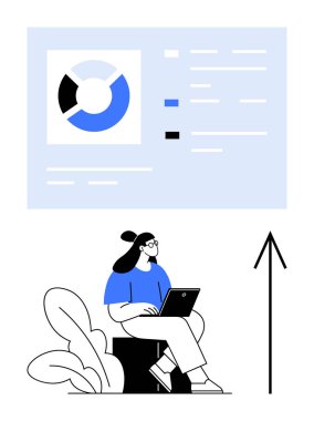 Dizüstü bilgisayarda veri analizi yapan bir kadın. Pasta grafiği ve istatistik örtüsü var. İş analizleri, veri görselleştirmesi, finansal büyüme, çevrimiçi öğrenme, evden çalışma, üretkenlik, yenilik için ideal