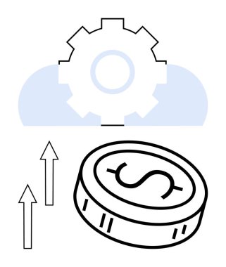 Dişliler ve bulutlar teknolojiyi sembolize ediyor. Üzerinde dolar işareti ve yukarı doğru oklar olan maddi büyümeyi simgeliyor. Ekonomik kalkınma, bulut hesaplama, fintech, iş çözümleri için ideal