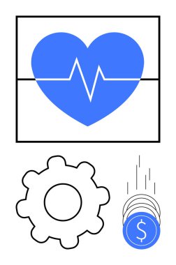 Mavi kalp atışı monitörde, siyah dişli dişli dişli, mavi paralar. Sağlık, teknoloji, finans, üretkenlik, yatırım verimliliği ve ekonomik büyüme temaları için idealdir. Satır metaforu