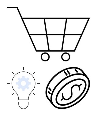 Alışveriş arabası, teçhizatlı ampul ve dolar işaretli para. Dijital pazarlama, çevrimiçi alışveriş, iş geliştirme, teknoloji çözümleri, finansal planlama, yenilik e-ticaret için ideal