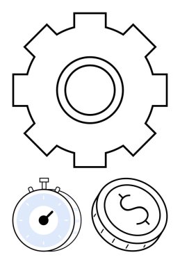 Üretkenliği temsil eden büyük dişli, zaman yönetimini sembolize eden kronometre ve bütçe belirten dolar işaretli bozuk para. İş planlaması, verimlilik, finans, proje yönetimi için ideal
