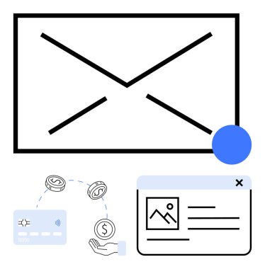 Büyük zarf sembolü, içinde para birimi simgeleri, ağ ve v07 sayfalık pencere olan el ele tutuşmalar. E- posta pazarlama, finans hizmetleri, e-ticaret, fintech, çevrimiçi işletmeler, web, v07 geliştirme için ideal