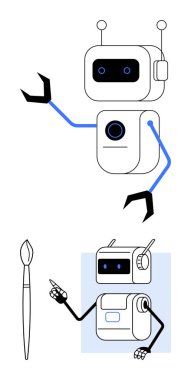 Kolları ve antenleri olan, elinde fırça tutan robotlar. Teknoloji, yaratıcılık, sanat, yenilik, robotik, gelecek ve tasarım için ideal. Satır metaforu
