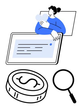 Bir tablet ekranın yanında kalpleri kucaklayan bir insan bir dolar işareti olan büyük bir bozuk para ve bir büyüteç. Finans için ideal, çevrimiçi bağışlar, hayır kurumu, e-ticaret, zenginlik yönetimi, dijital