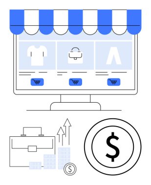 Bir bilgisayar ekranında vitrin arayüzü. Giysi eşyaları, alışveriş arabası simgeleri. Yükselen grafiği olan evrak çantası, yığınla bozuk para, büyük dolar işareti. E-ticaret, finans ve pazarlama için ideal