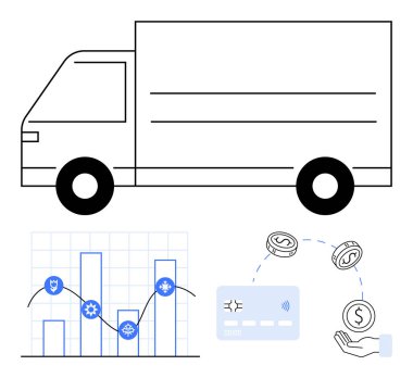 Teslimat kamyonu, vitesli ve ikonlu bar çizelgesi, bozuk paralarla kredi kartı ve lojistik malzemesi. İş, finans, e-ticaret, veri, ulaşım tedarik zinciri yatırımı için ideal. Çizgi