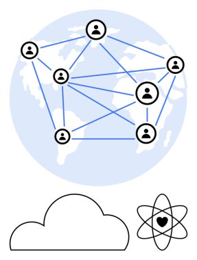 Birbirine bağlı insanlardan oluşan bir ağ küresel bağlantıları sembolize ederek dünyaya yayıldı. Bitişiğinde bulut ve atom simgeleri var. Teknoloji için ideal, uzaktan çalışma, iletişim, küreselleşme, bulut