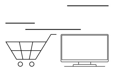 Bilgisayar monitörünün yanında alışveriş arabası, online alışveriş öneriyor. Ecommerce, perakende, internet alışverişi, dijital pazarlama, çevrimiçi hizmetler, müşteri ilişkileri ve İnternet teknolojisi için ideal