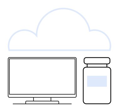 Bilgisayar monitörünün ve ilaç şişesinin üzerinde bulut şekli. Dijital sağlık, teletıp, çevrimiçi eczane, ilaç yönetimi, bulut bilgisayarı, sağlık hizmeti teknolojisi, uzaktan sağlık için idealdir. Çizgi