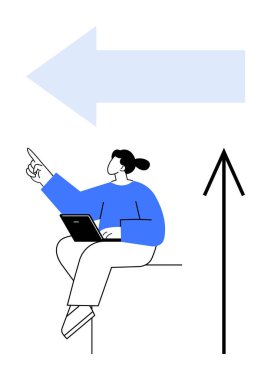 Dizüstü bilgisayarı olan şahıs, yukarı doğru büyük yatay ok ve dikey oku işaret ediyor. Yönlendirme, yönlendirme, hedef belirleme, navigasyon, ilerleme, karar verme ve strateji için ideal