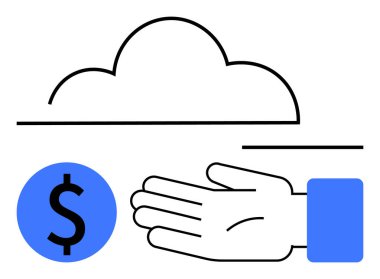 Bulut, uzanmış el, dolar sembolü. Bulut hizmetleri, finans teknolojisi, yatırım, fon, tasarruf teknolojisi bankacılığı için ideal. Satır metaforu