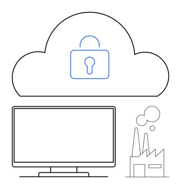 Bilgisayar monitörü, bir fabrikanın yanındaki kilit simgesi olan bir buluta bağlı. Siber güvenlik için ideal, bulut bilgisayarı, endüstriyel otomasyon, güvenli veri depolama, bilişim