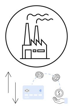 Çember içindeki fabrika, hareketi gösteren oklar, kablosuz ikonlu kart, el ele tutuşan bozuk paralar ekonomik değişimi, endüstri, ödeme akışını, finans, tedarik zinciri stratejisini gösteriyor. İdeal