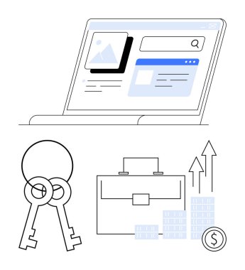 Arama motoru ve grafiği olan bir dizüstü bilgisayar, anahtarlar, haritalı çanta, yukarı doğru oklar ve dolar işareti. Ticari büyüme, dijital pazarlama, mali planlama ve yatırım için ideal