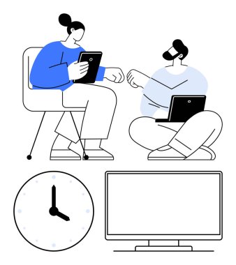 İki iş arkadaşı tablet kullanıyor, biri sandalyede, diğeri de yerde, nazikçe yumruk tokuşturuyor. Yakınlarda büyük bir saat ve bilgisayar var. Takım çalışması, işbirliği, birlikte çalışma alanları ve dijital için ideal