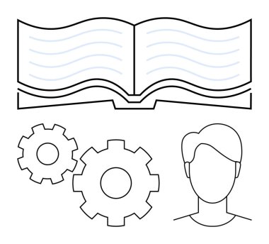 İçinde satır, iki vites ve bir insan taslağı olan açık bir kitap. Öğrenme süreçleri, bilgi geliştirme, eğitim, takım çalışması, problem çözme, stratejik planlama. Satır metaforu