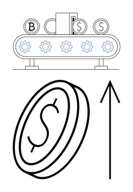 Şifreli para ve dolar sikkeleri bir taşıma bandında, dişlilerle birlikte, para üretiyor. Yükselen oklu büyük bir bozuk para. Finans endüstrisi, kripto para birimi, yatırım, otomasyon, para için ideal