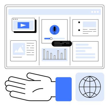 Multimedya, mikrofon simgesi, metin kutuları, resim, grafik ve heybook 'ları gösteren arayüz ekranı. Veri yönetimi, iletişim, sunumlar için ideal multimedya küresel ağ raporları