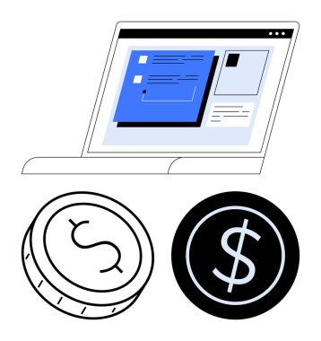 Biri siyah diğeri beyaz olmak üzere iki madeni para ile birlikte finansal verileri gösteren dizüstü bilgisayar. Finans, teknoloji, dijital para, bankacılık, online işlem fintech için ideal. Çizgi