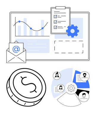 Business data analysis with line graph, checklist, gear icon, email envelope, coin, and team pie chart. Ideal for finance, marketing, project management analytics communication collaboration clipart