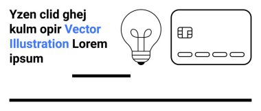 Ampul ve kredi kartı illüstrasyonunda yer tutucu metin ve satırlar var. Yenilik, finans, yaratıcılık, pazarlama, web tasarımı, teknoloji ve eğitim için ideal. İniş sayfası