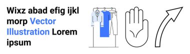Çeşitli gömleklerle giysi askılığı, açık bir el ve yukarı doğru ok büyüme ve iletişimi gösteriyor. Çevrimiçi dükkanlar, moda markaları, yaşam tarzı blogları, iş başarısı, sosyal medya için ideal