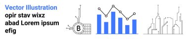 Modern tasarımda kripto para birimi sembolü, bar grafiği, çizgi çizelgesi ve şehir silüeti. Finans, iş, teknoloji, kentsel kalkınma, analitik, girişimler, web siteleri için ideal. İniş sayfası