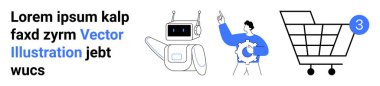 Robot el sallama, insan tutma ekipmanları, üç rozetli alışveriş arabası, mavi, siyah ve beyaz renkler. Teknoloji, otomasyon, müşteri hizmetleri, e-ticaret, online alışveriş için ideal