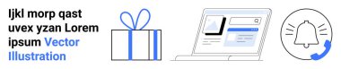 Kurdeleli hediye kutusu, web sitesi gösteren laptop, telefon saplı çan bildirim simgesi. E-ticaret, pazarlama, tebligatlar, alışveriş, çevrimiçi hizmetler, promosyonlar için ideal dijital iş