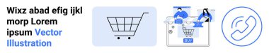Alışveriş arabası ikonu, müşterilere yardım eden insanlar bilgisayar ekranında sohbet desteği, telefon ikonu. E-ticaret platformları, müşteri hizmetleri, dijital işlemler, kullanıcı deneyimi tasarımı, çevrimiçi için ideal