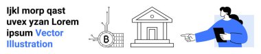 Blockchain 'li Bitcoin sembolü, klasik banka binası, iş adamı işaret ediyor. Fintech, engelleme zinciri, bankacılık, kripto para birimi, finansal hizmetler, iş sunumları, kurumsal