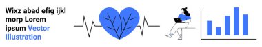 Metin elemanları, kalp atışları, dizüstü bilgisayar kullanan kişi, bar çizelgesi. Sağlık, teknoloji entegrasyonu, veri analizi, uzak çalışma, dijital sağlık, bağlantı ve analitik için ideal
