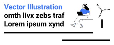 Oturan ve dizüstü bilgisayar kullanan bir kadın, stilize rüzgar türbiniyle. Teknoloji için ideal, uzak çalışma, çevre dostu temalar, yenilenebilir enerji, sürdürülebilirlik, modern yaşam tarzı. İniş sayfası