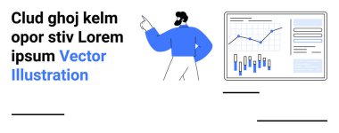 Analitik gösterge paneline doğru hareket eden mavi elbiseli bir iş adamı. İş sunumları, pazarlama, veri analizi, kurumsal toplantılar, eğitim materyalleri, profesyonel