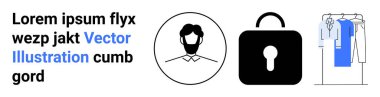 Metin başlığı, kullanıcı simgesi, asma kilit, asma giysiler. Kimlik için ideal, güvenlik moda markası tasarımı çevrimiçi profil pazarlama. İniş sayfası. Çizgi benzetmesi. Basit satır simgeleri