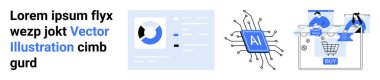 Analitik gösterge paneli, yapay zeka çipi ve insanlarla etkileşim halinde olan alışveriş arabası simgeleri. Teknoloji, e-ticaret, yapay zeka, veri analizi, online alışveriş, geleceğin dijital teknolojisi için ideal