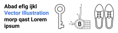 Monokrom anahtar ikonu, devre, Bitcoin ve klasik ayakkabılı engelleme teknolojisi sembolü. Güvenlik, teknoloji, kripto para birimi, ayakkabı, e-ticaret, finans ve pazarlama için ideal. İniş sayfası