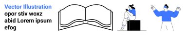 İçinde kıvrımlı çizgiler olan açık bir kitap, kutuda okuyan biri, yukarı bakan biri. Eğitim, edebiyat, öğrenim, iletişim, e-öğrenme içeriği dijital medya için idealdir. İniş sayfası