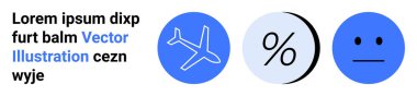 Uçak, yüzde ve rastgele metin lorem ipsum içeren tarafsız yüz sembolleri. İş sunumları, pazarlama stratejileri, veri analizi, seyahat planlaması, finans raporları, UXUI tasarımı için ideal