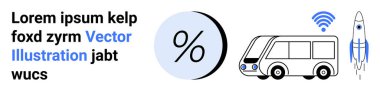 Solda yer tutucu içeriği, yüzde sembolü, otobüs simgesi, kablosuz sinyal ve roket illüstrasyonuyla metin bloğu var. Teknoloji, bağlantı, ulaşım, eğitim, finans, pazarlama için ideal