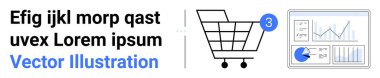 Bildirimli alışveriş arabası, grafik ve grafik elemanları, ve örnek metin. E-ticaret, çevrimiçi alışveriş, dijital pazarlama, veri analizi, iş performansı, kullanıcı arayüzü için ideal