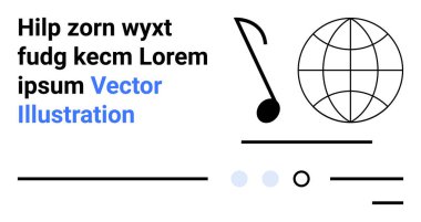 Siyah nota, küre ve metin elementleri yatay çizgiler ve mavi ve siyah noktalarla tamamlanmış. Tasarım, yaratıcılık, müzik, uluslararası temalar, minimalizm, tipografi, modern