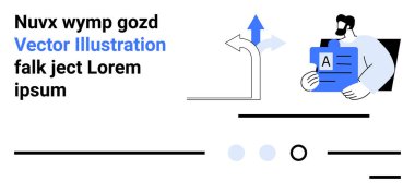 Elinde klasör, yukarı doğru ok ve metin elemanları tutan bir iş adamı. İş, dokümantasyon, iş akışı, yön, veri örgütü, profesyonel iletişim ve kurumsal strateji için ideal. İniş