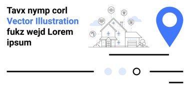 Bir evi olan vektör illüstrasyonu, akıllı ev simgeleri, yer belirleme pimi ve yer tutucu metni. Gayrimenkul, akıllı ev teknolojileri, ev geliştirme hizmetleri, pazarlama malzemeleri, web sitesi için ideal