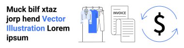 Çeşitli kıyafetlerle giysi rafı, bir fatura ve geri dönüşüm okunda bir dolar işareti. E-ticaret, moda perakende, envanter takibi, mali yönetim, iş raporlama için ideal